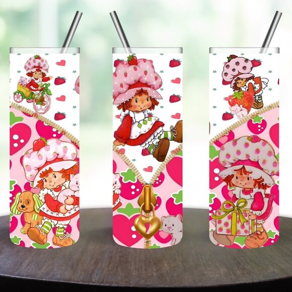 Handmade Stainless Steel STRAWBERRY SHORTCAKE 20oz Skinny Tumbler - Picture 1 of 5